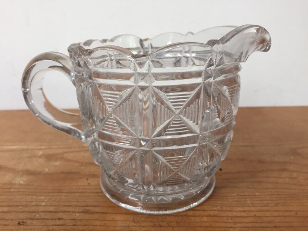 Vtg Antique 1800s Americana Crossed Block Quilted Crystal Glass Creamer Pitcher